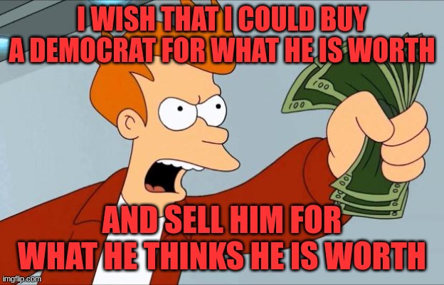 Shut Up And Take My Money Fry | I WISH THAT I COULD BUY A DEMOCRAT FOR WHAT HE IS WORTH; AND SELL HIM FOR WHAT HE THINKS HE IS WORTH | image tagged in shut up and take my money fry | made w/ Imgflip meme maker