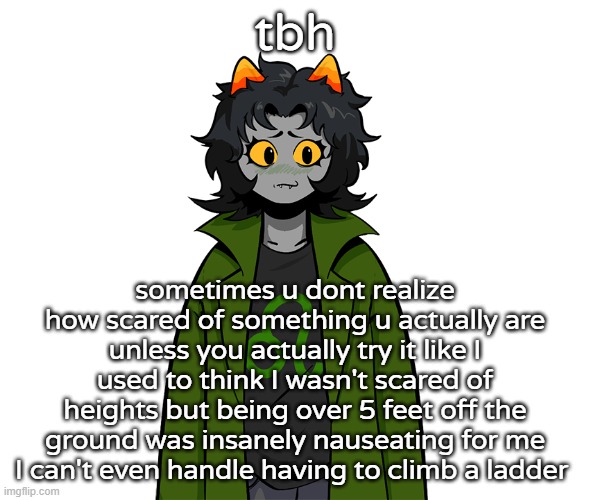 nepeta um | tbh; sometimes u dont realize how scared of something u actually are unless you actually try it like I used to think I wasn't scared of heights but being over 5 feet off the ground was insanely nauseating for me I can't even handle having to climb a ladder | image tagged in nepeta um | made w/ Imgflip meme maker