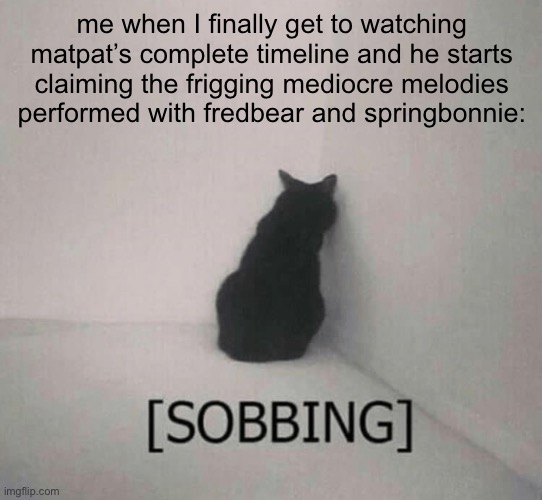 he confuses me | me when I finally get to watching matpat’s complete timeline and he starts claiming the frigging mediocre melodies performed with fredbear and springbonnie: | image tagged in sobbing cat,fnaf | made w/ Imgflip meme maker