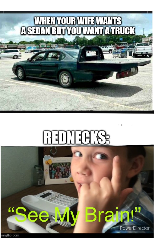 A Redneck Masterpiece | WHEN YOUR WIFE WANTS A SEDAN BUT YOU WANT A TRUCK; REDNECKS: | image tagged in see my brain | made w/ Imgflip meme maker