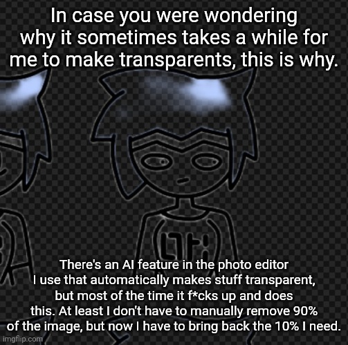 This isn't the new expression sheet, just a small expansion to a previous one. | In case you were wondering why it sometimes takes a while for me to make transparents, this is why. There's an AI feature in the photo editor I use that automatically makes stuff transparent, but most of the time it f*cks up and does this. At least I don't have to manually remove 90% of the image, but now I have to bring back the 10% I need. | made w/ Imgflip meme maker