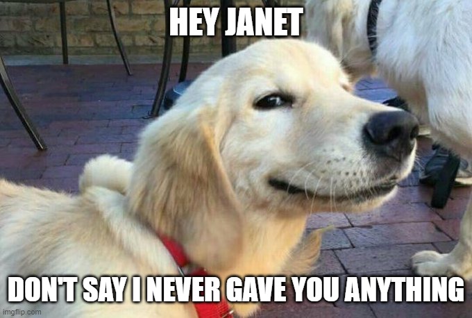 I know something you don't know | HEY JANET; DON'T SAY I NEVER GAVE YOU ANYTHING | image tagged in funny dogs | made w/ Imgflip meme maker