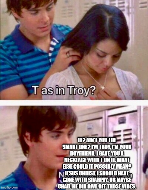 He does give off those vibes... | TF? AIN'T YOU THE SMART ONE? I'M TROY, I'M YOUR BOYFRIEND, I GAVE YOU A NECKLACE WITH T ON IT. WHAT ELSE COULD IT POSSIBLY MEAN? JESUS CHRIST. I SHOULD HAVE GONE WITH SHARPAY. OR MAYBE CHAD. HE DID GIVE OFF THOSE VIBES. | image tagged in t as in,high school musical | made w/ Imgflip meme maker