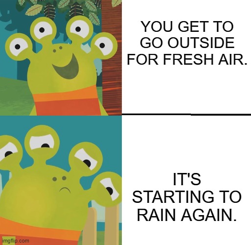 CURSE YOU, MOTHER NATURE!! | YOU GET TO GO OUTSIDE FOR FRESH AIR. IT'S STARTING TO RAIN AGAIN. | image tagged in wanda and the alien yes/no | made w/ Imgflip meme maker