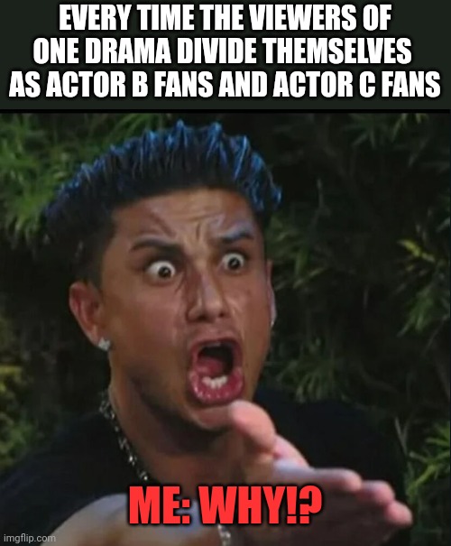 EVERY TIME THE VIEWERS OF ONE DRAMA DIVIDE THEMSELVES  AS ACTOR B FANS AND ACTOR C FANS; ME: WHY!? | image tagged in CDrama | made w/ Imgflip meme maker
