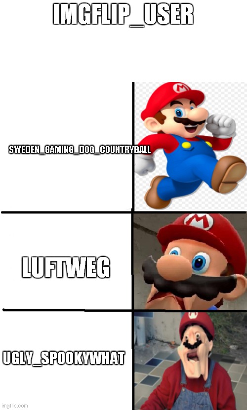 imgflip user part 1 | IMGFLIP_USER; SWEDEN_GAMING_DOG_COUNTRYBALL; LUFTWEG; UGLY_SPOOKYWHAT | image tagged in mario good ugly very ugly | made w/ Imgflip meme maker