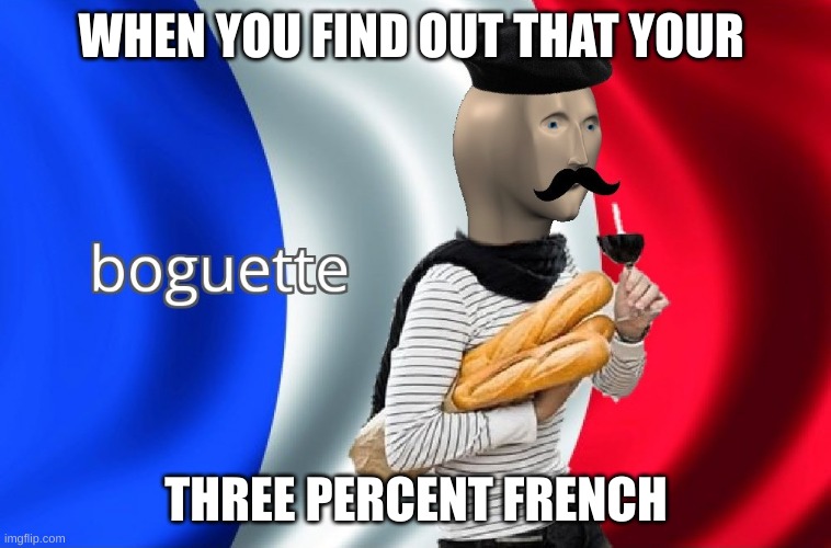 Boguette | WHEN YOU FIND OUT THAT YOUR; THREE PERCENT FRENCH | image tagged in boguette | made w/ Imgflip meme maker