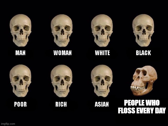 empty skulls of truth | PEOPLE WHO FLOSS EVERY DAY | image tagged in empty skulls of truth,floss,flossing,teeth,dentist | made w/ Imgflip meme maker