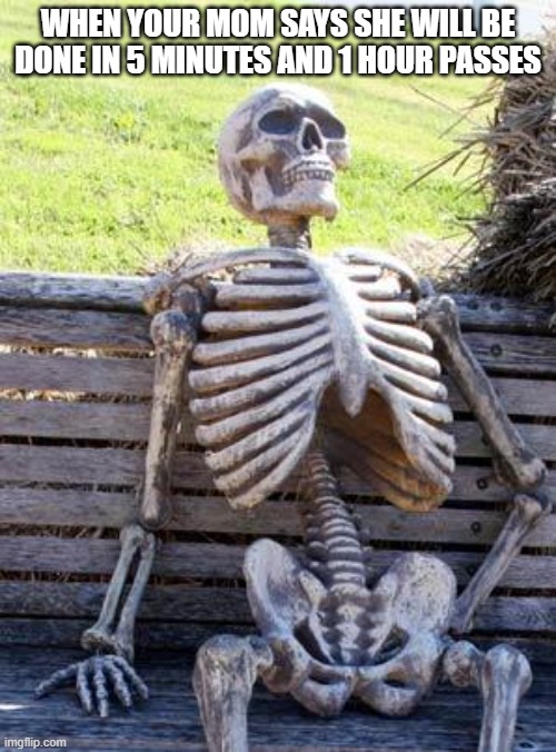free epic Proja | WHEN YOUR MOM SAYS SHE WILL BE DONE IN 5 MINUTES AND 1 HOUR PASSES | image tagged in memes,waiting skeleton | made w/ Imgflip meme maker