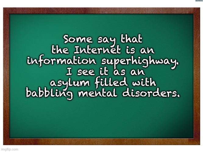 Internet | Some say that the Internet is an information superhighway.  I see it as an asylum filled with babbling mental disorders. | image tagged in green blank blackboard | made w/ Imgflip meme maker