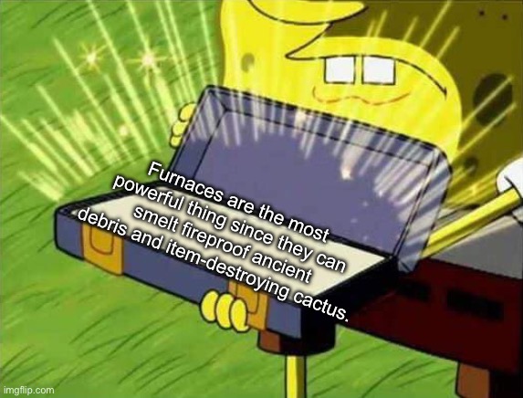 Spongebob box | Furnaces are the most powerful thing since they can smelt fireproof ancient debris and item-destroying cactus. | image tagged in spongebob box | made w/ Imgflip meme maker