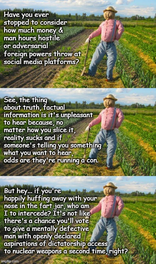 Well howdy there, Trump-cult kids, it's Socialism again and today's subject is greenbeans at the ice cream party. | Have you ever stopped to consider how much money & man hours hostile or adversarial foreign powers throw at social media platforms? See, the thing about truth, factual information is it's unpleasant to hear because, no matter how you slice it, reality sucks and if someone's telling you something what you want to hear, odds are they're running a con. But hey... if you're happily huffing away with your nose in the fart jar, who am I to intercede? It's not like there's a chance you'll vote to give a mentally defective man with openly declared aspirations of dictatorship access to nuclear weapons a second time, right? | image tagged in scarecrow in field,trump unfit unqualified dangerous | made w/ Imgflip meme maker