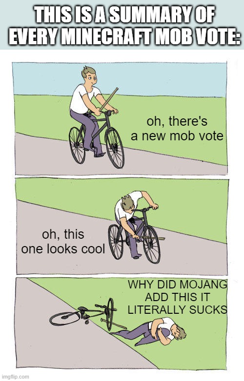 Bike Fall | THIS IS A SUMMARY OF EVERY MINECRAFT MOB VOTE:; oh, there's a new mob vote; oh, this one looks cool; WHY DID MOJANG ADD THIS IT LITERALLY SUCKS | image tagged in memes,bike fall | made w/ Imgflip meme maker