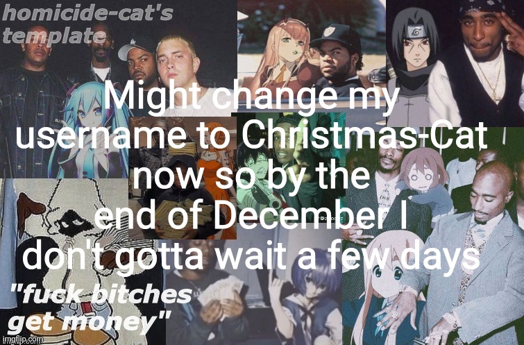 Yea imma change it now | Might change my username to Christmas-Cat now so by the end of December I don't gotta wait a few days | image tagged in homicide-cat's template | made w/ Imgflip meme maker