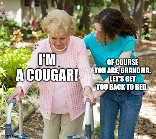 Im a cougar | I'M A COUGAR! OF COURSE YOU ARE, GRANDMA. LET'S GET YOU BACK TO BED. | image tagged in sure grandma let's get you to bed | made w/ Imgflip meme maker
