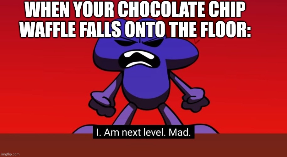 Noooooooooooooooooooooooooooooooooooo | WHEN YOUR CHOCOLATE CHIP WAFFLE FALLS ONTO THE FLOOR: | image tagged in bfb i am next level mad,chocolate chip waffle | made w/ Imgflip meme maker