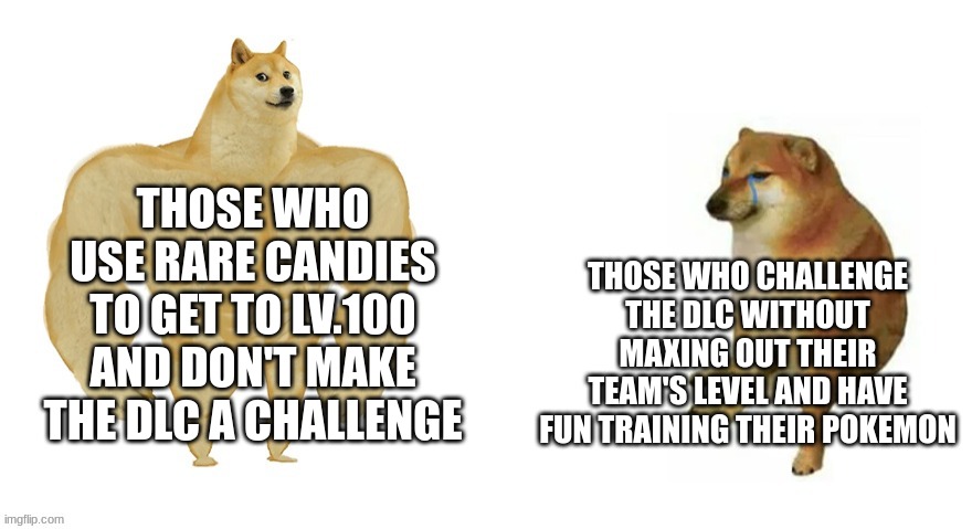 Become Buff Doge If You Aren't Already | THOSE WHO CHALLENGE THE DLC WITHOUT MAXING OUT THEIR TEAM'S LEVEL AND HAVE FUN TRAINING THEIR POKEMON; THOSE WHO USE RARE CANDIES TO GET TO LV.100 AND DON'T MAKE THE DLC A CHALLENGE | image tagged in buff doge vs cheems | made w/ Imgflip meme maker