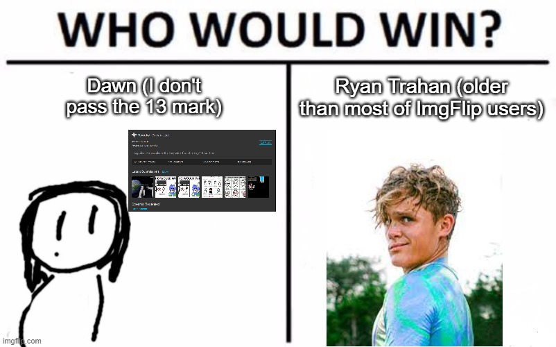 YouTuber battles pt. 3 | Ryan Trahan (older than most of ImgFlip users); Dawn (I don't pass the 13 mark) | image tagged in memes,who would win | made w/ Imgflip meme maker