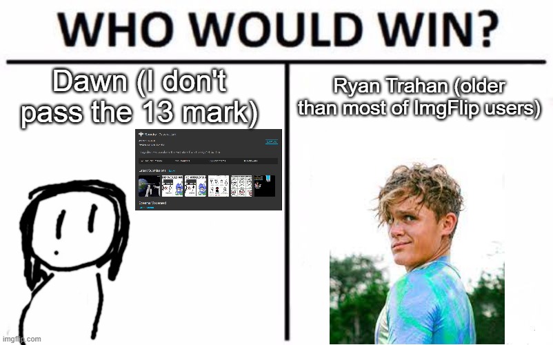 YouTuber battles pt. 3 and a half | Ryan Trahan (older than most of ImgFlip users); Dawn (I don't pass the 13 mark) | image tagged in memes,who would win | made w/ Imgflip meme maker