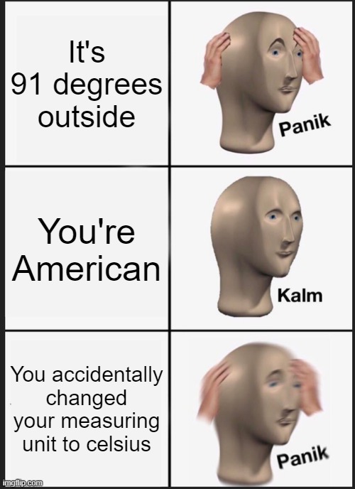 ah yes | It's 91 degrees outside; You're American; You accidentally changed your measuring unit to celsius | image tagged in memes,panik kalm panik | made w/ Imgflip meme maker