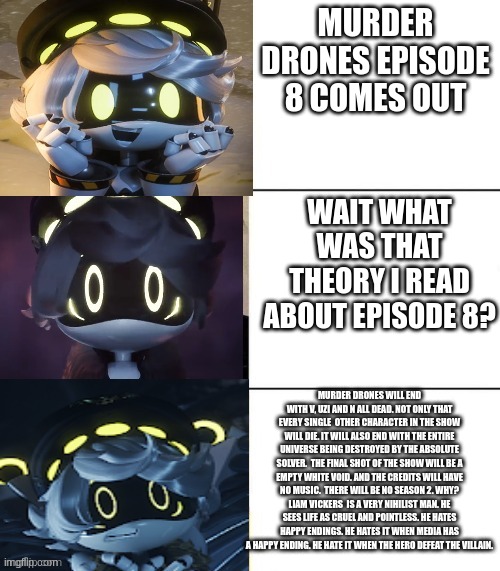 N's fright level | MURDER DRONES EPISODE 8 COMES OUT; WAIT WHAT WAS THAT THEORY I READ ABOUT EPISODE 8? MURDER DRONES WILL END WITH V, UZI AND N ALL DEAD. NOT ONLY THAT EVERY SINGLE  OTHER CHARACTER IN THE SHOW WILL DIE. IT WILL ALSO END WITH THE ENTIRE UNIVERSE BEING DESTROYED BY THE ABSOLUTE SOLVER.  THE FINAL SHOT OF THE SHOW WILL BE A EMPTY WHITE VOID. AND THE CREDITS WILL HAVE NO MUSIC.  THERE WILL BE NO SEASON 2. WHY? LIAM VICKERS  IS A VERY NIHILIST MAN. HE SEES LIFE AS CRUEL AND POINTLESS. HE HATES HAPPY ENDINGS. HE HATES IT WHEN MEDIA HAS A HAPPY ENDING. HE HATE IT WHEN THE HERO DEFEAT THE VILLAIN. | image tagged in n's fright level | made w/ Imgflip meme maker