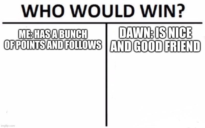 Who Would Win? Meme | ME: HAS A BUNCH OF POINTS AND FOLLOWS; DAWN: IS NICE AND GOOD FRIEND | image tagged in memes,who would win | made w/ Imgflip meme maker