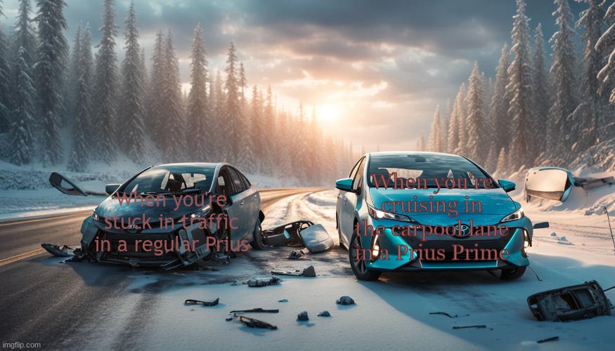 AI art, AI meme, human made settings. Unrelated. | When you're cruising in the carpool lane in a Prius Prime; When you're stuck in traffic in a regular Prius | image tagged in toyota prius vs toyota prius prime | made w/ Imgflip meme maker