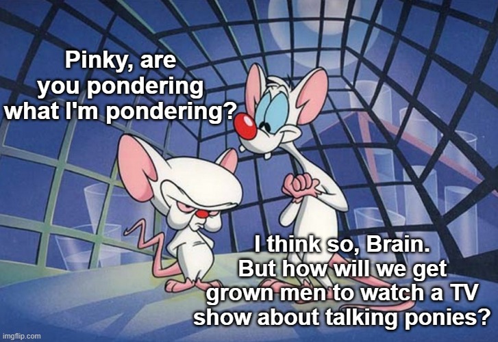 They're Pinky, they're Pinky and the Brain, brain, brain | Pinky, are you pondering what I'm pondering? I think so, Brain. But how will we get grown men to watch a TV show about talking ponies? | image tagged in pinky brain,my little pony,tv shows,bronies | made w/ Imgflip meme maker