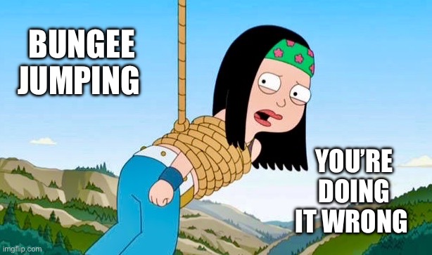I think my spine snapped | BUNGEE JUMPING; YOU’RE DOING IT WRONG | image tagged in task failed successfully,extreme sports,american dad,memes,hanging out,you're doing it wrong | made w/ Imgflip meme maker