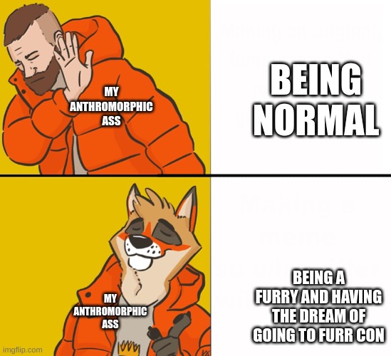 Furry Drake | BEING NORMAL; MY ANTHROMORPHIC ASS; BEING A FURRY AND HAVING THE DREAM OF GOING TO FURR CON; MY ANTHROMORPHIC ASS | image tagged in furry drake | made w/ Imgflip meme maker