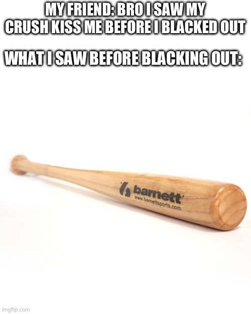 I saw a BONK | MY FRIEND: BRO I SAW MY CRUSH KISS ME BEFORE I BLACKED OUT; WHAT I SAW BEFORE BLACKING OUT: | image tagged in baseball bat | made w/ Imgflip meme maker