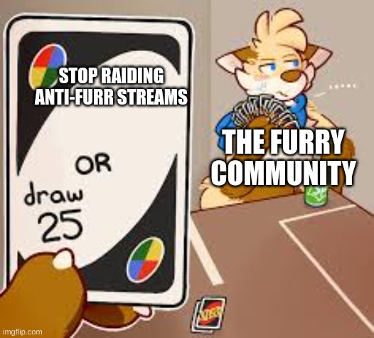 let's raid the anti-furry streams. | STOP RAIDING ANTI-FURR STREAMS; THE FURRY COMMUNITY | image tagged in furry or draw 25 | made w/ Imgflip meme maker