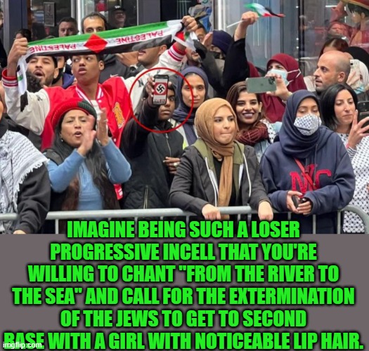 Yep | IMAGINE BEING SUCH A LOSER PROGRESSIVE INCELL THAT YOU'RE WILLING TO CHANT "FROM THE RIVER TO THE SEA" AND CALL FOR THE EXTERMINATION OF THE JEWS TO GET TO SECOND BASE WITH A GIRL WITH NOTICEABLE LIP HAIR. | image tagged in antisemitism,democrats | made w/ Imgflip meme maker
