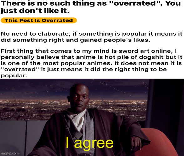 Overrated is not a thing. | I agree | image tagged in mace windu i agree | made w/ Imgflip meme maker
