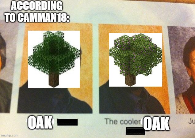 I made this a while ago but forgor to submit | ACCORDING TO CAMMAN18:; OAK; OAK | image tagged in the cooler daniel | made w/ Imgflip meme maker