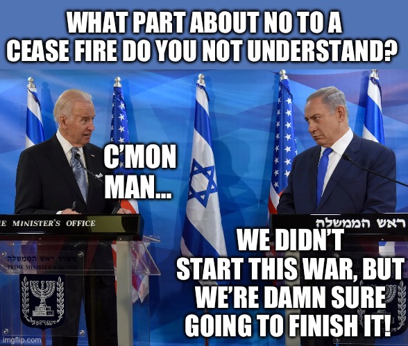 WHAT PART ABOUT NO TO A CEASE FIRE DO YOU NOT UNDERSTAND? C’MON MAN…; WE DIDN’T START THIS WAR, BUT WE’RE DAMN SURE GOING TO FINISH IT! | image tagged in joe biden,maga,republicans,donald trump,political memes,middle east | made w/ Imgflip meme maker