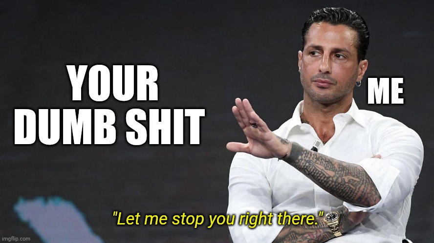 How about no. | YOUR DUMB SHIT; ME; "Let me stop you right there." | image tagged in fabrizio corona | made w/ Imgflip meme maker