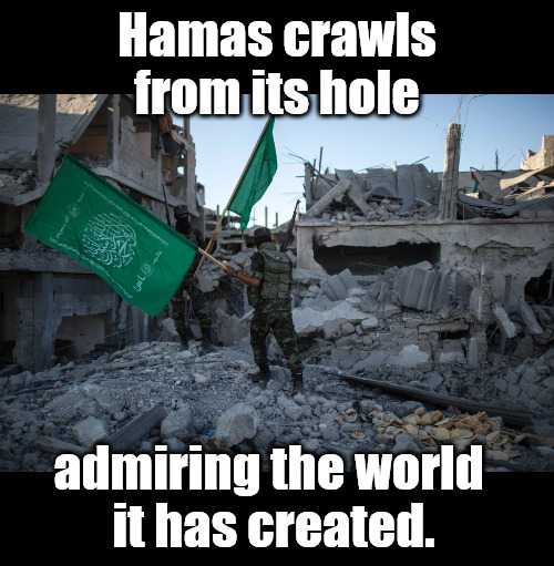 It's beginning to look a lot like Berlin, May 1945. | Hamas crawls from its hole; admiring the world 
it has created. | image tagged in memes,politics,hamas,gaza | made w/ Imgflip meme maker