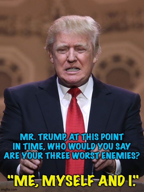 His three worst enemies | MR. TRUMP, AT THIS POINT IN TIME, WHO WOULD YOU SAY ARE YOUR THREE WORST ENEMIES? "ME, MYSELF AND I." | image tagged in donald trump | made w/ Imgflip meme maker