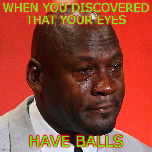 one minute of silence... EYEBALLS, EYE "BALLS" | WHEN YOU DISCOVERED THAT YOUR EYES; HAVE BALLS | image tagged in michael jordan crying | made w/ Imgflip meme maker