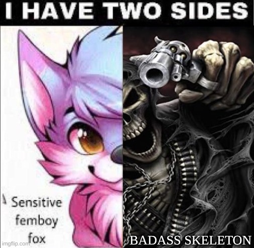 I have two sides | BADASS SKELETON | image tagged in i have two sides | made w/ Imgflip meme maker