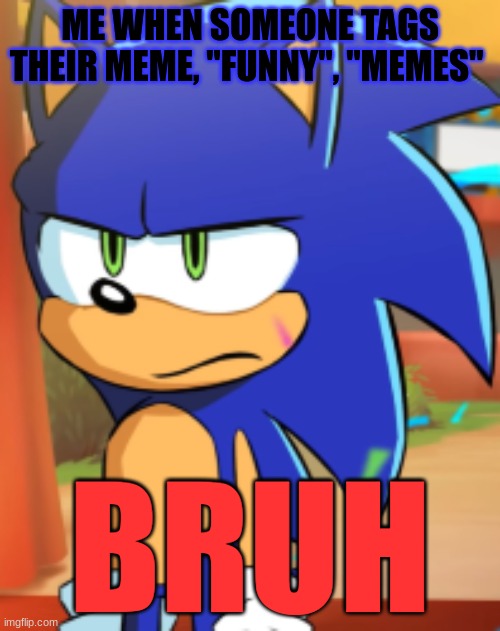 Those tags are useless | ME WHEN SOMEONE TAGS THEIR MEME, "FUNNY", "MEMES"; BRUH | image tagged in sonic bruh seriously | made w/ Imgflip meme maker
