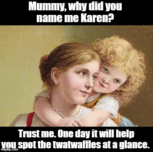 Why did you name me Karen | Mummy, why did you 
name me Karen? Trust me. One day it will help you spot the twatwaffles at a glance. | image tagged in karen | made w/ Imgflip meme maker