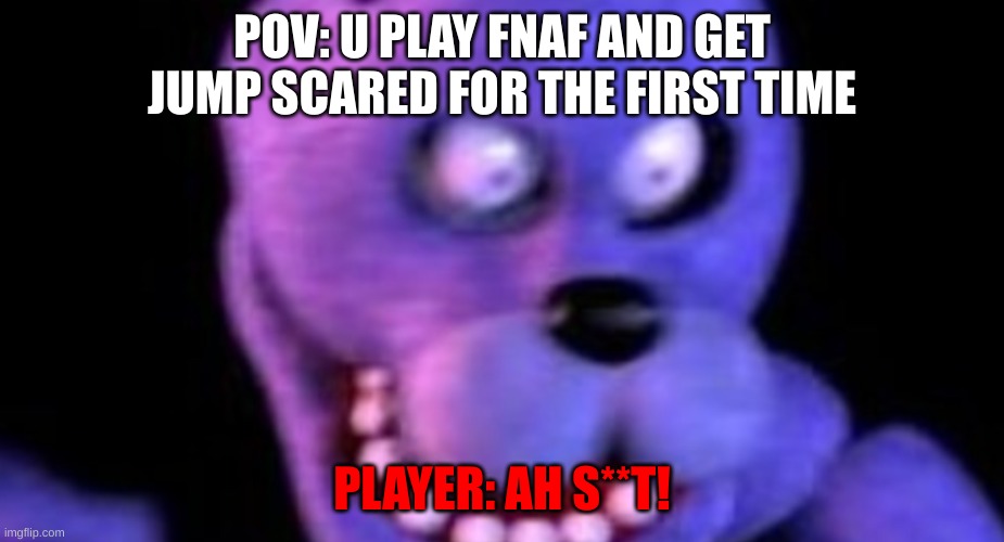 Scared Bonnie | POV: U PLAY FNAF AND GET JUMP SCARED FOR THE FIRST TIME; PLAYER: AH S**T! | image tagged in scared bonnie | made w/ Imgflip meme maker