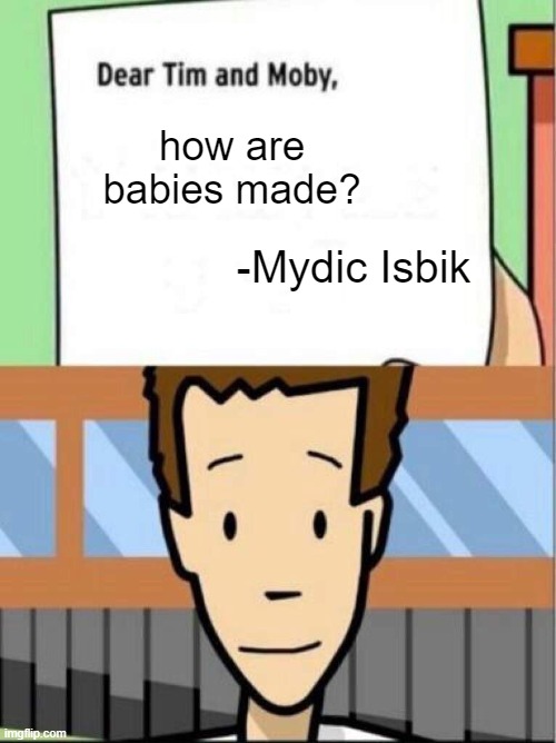 *Ahem* | how are babies made? -Mydic Isbik | image tagged in dear tim and moby | made w/ Imgflip meme maker