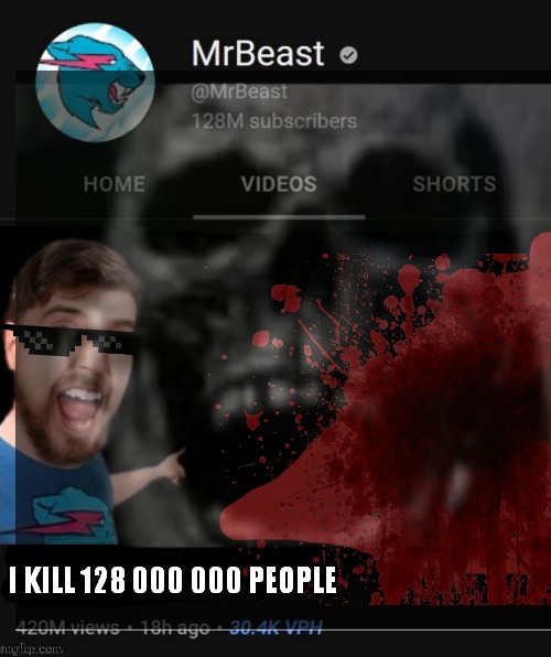 mr beast vidio part 1 | I KILL 128 000 000 PEOPLE | image tagged in mrbeast thumbnail template | made w/ Imgflip meme maker