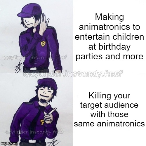 The watermarks in this template are insane | Making animatronics to entertain children at birthday parties and more; Killing your target audience with those same animatronics | image tagged in william afton drake | made w/ Imgflip meme maker