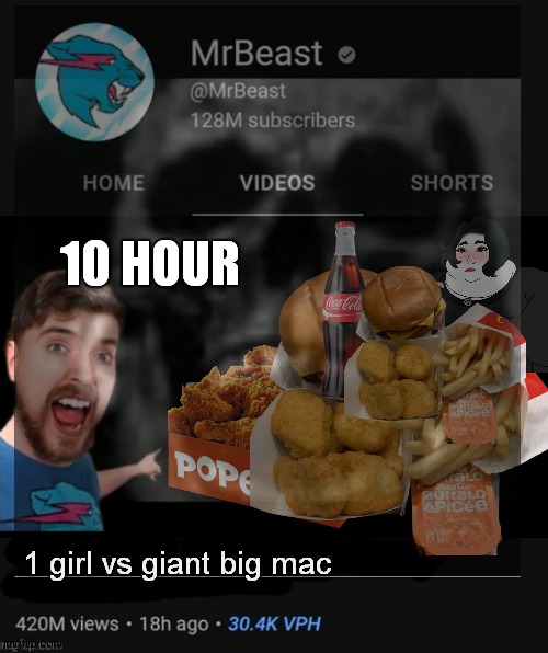 mr beast part 2 | 10 HOUR; 1 girl vs giant big mac | image tagged in mrbeast thumbnail template | made w/ Imgflip meme maker