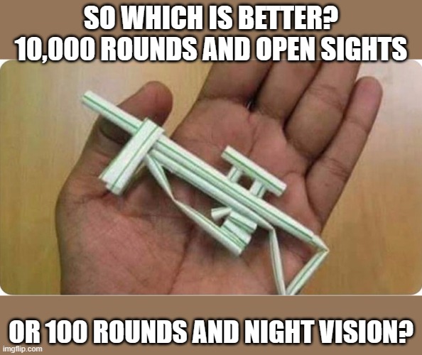 It's not a straw gun purchase, I'm asking for a friend.... | SO WHICH IS BETTER? 10,000 ROUNDS AND OPEN SIGHTS; OR 100 ROUNDS AND NIGHT VISION? | image tagged in straw gun purchase | made w/ Imgflip meme maker