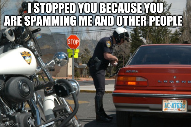 Police Pull Over | I STOPPED YOU BECAUSE YOU ARE SPAMMING ME AND OTHER PEOPLE | image tagged in police pull over | made w/ Imgflip meme maker